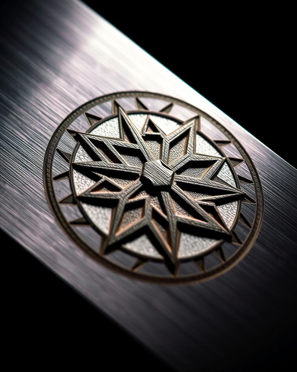 Laser-engraved compass rose medallion on brushed steel